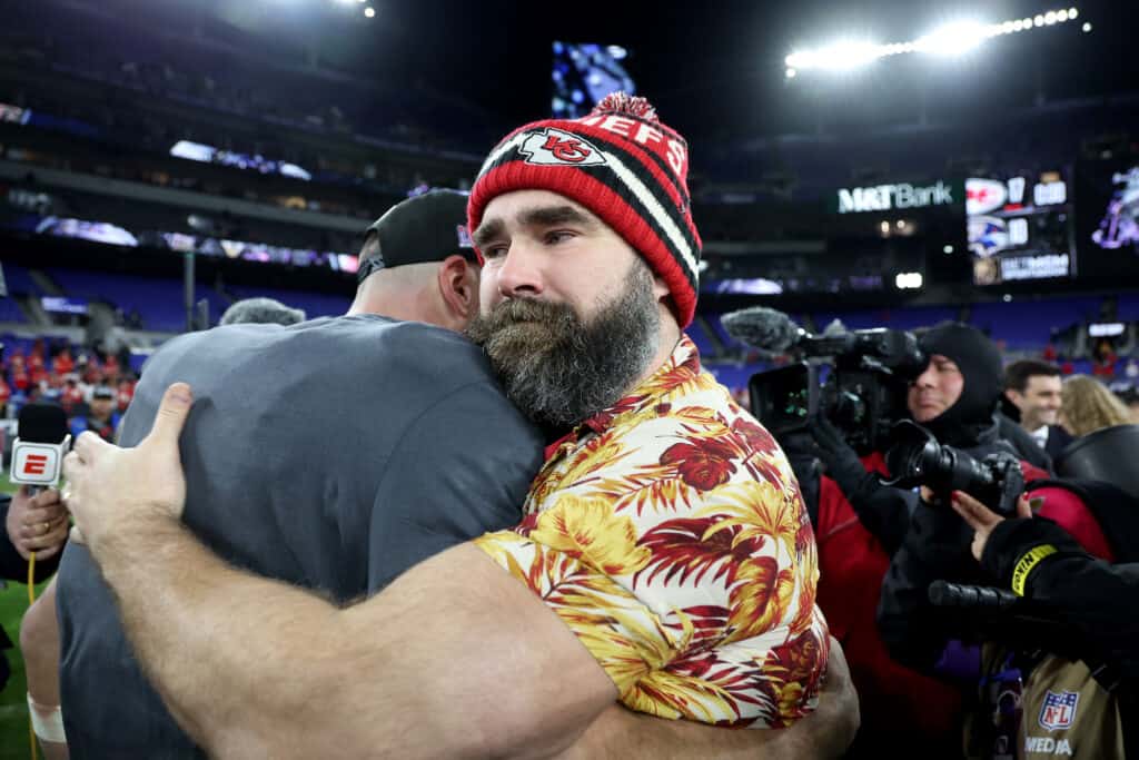 BALTIMORE, MARYLAND - JANUARY 28: Travis Kelce #87 of the Kansas City Chiefs celebrates with his brother Jason Kelce after a 17-10 victory against the Baltimore Ravens in the AFC Championship Game at M&T Bank Stadium on January 28, 2024 in Baltimore, Maryland.