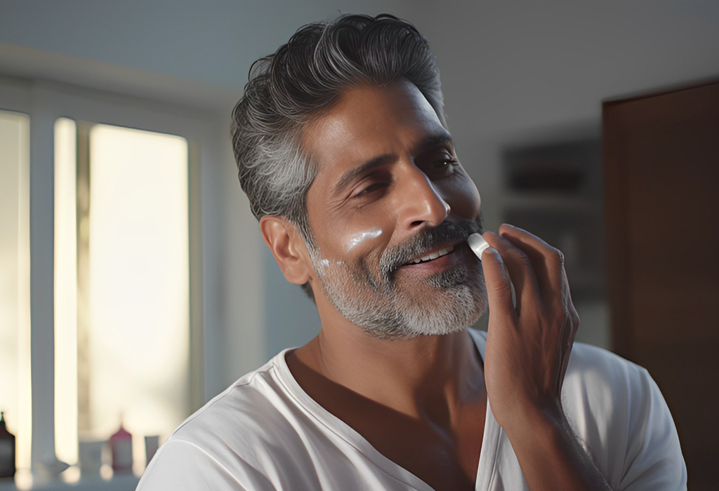 man applying face cream