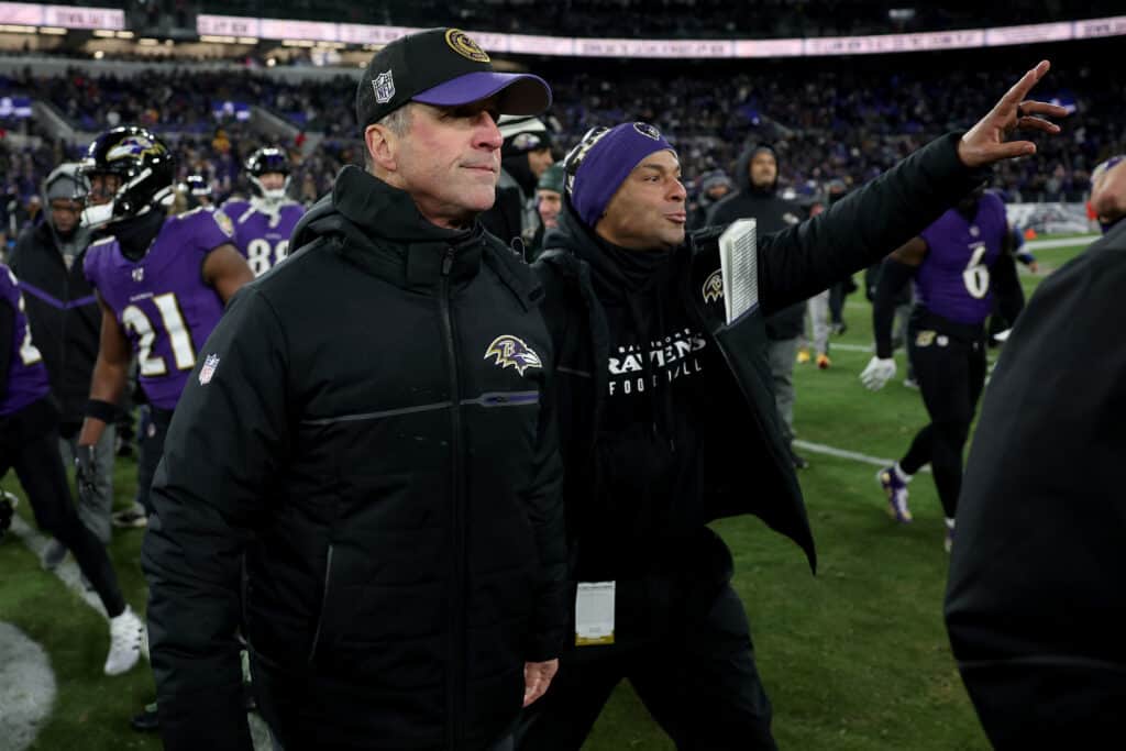 BALTIMORE, MARYLAND - JANUARY 20: Head coach John Harbaugh of the Baltimore Ravens celebrates after defeating the Houston Texans in the AFC Divisional Playoff game at M&T Bank Stadium on January 20, 2024 in Baltimore, Maryland.