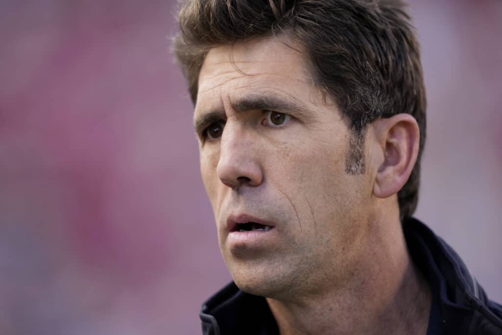 SANTA CLARA, CALIFORNIA - JANUARY 28: Former NBA General Manager Bob Myers reacts prior to a game between the Detroit Lions and San Francisco 49ers in the NFC Championship Game at Levi's Stadium on January 28, 2024 in Santa Clara, California. 