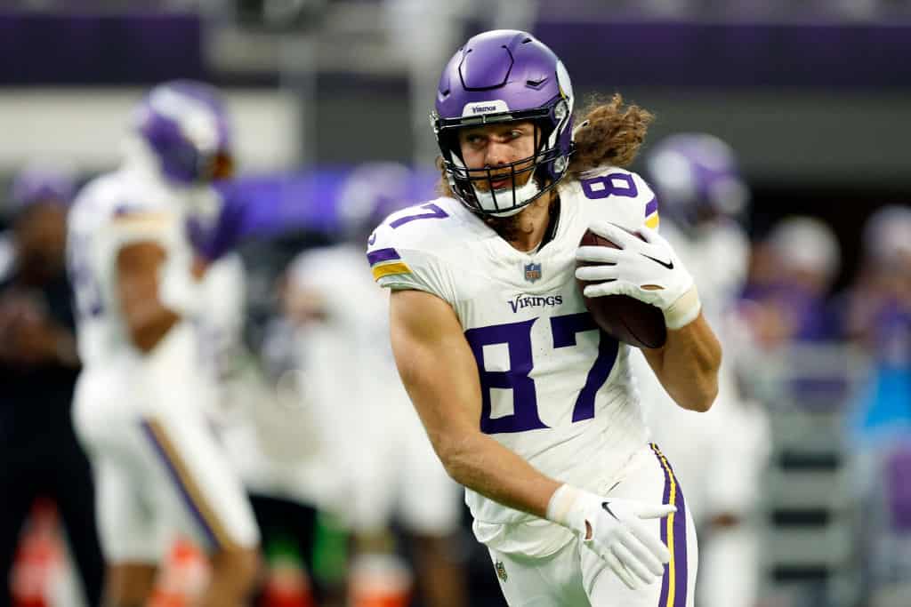 T.J. Hockenson #87 of the Minnesota Vikings warms up prior to the game against the Detroit Lions at U.S. Bank Stadium on December 24, 2023 in Minneapolis, Minnesota.