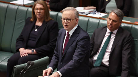 Australian Prime Minister Anthony Albanese (C) in the House of Representatives at Parliament House in Canberra