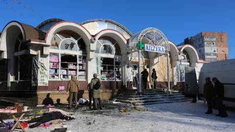 FILE PHOTO: A civilian lies dead in the street of Donetsk in the aftermath of shelling by the Ukrainian military on January 21, 2024.