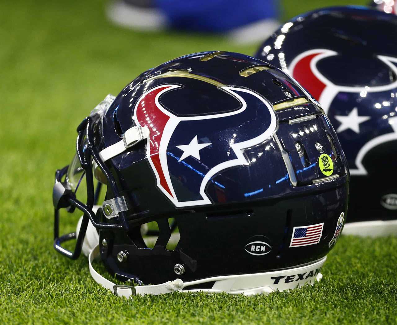 A view of the helmet sticker honoring Robert C. McNair, the late owner of the Houston Texans, is shown prior to the game against the Tennessee Titans at NRG Stadium on November 26, 2018 in Houston, Texas.