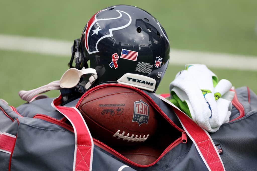 BALTIMORE, MARYLAND - SEPTEMBER 10: A Houston Texans helmet sits on the sideline during the Texans and Baltimore Ravens game at M&T Bank Stadium on September 10, 2023 in Baltimore, Maryland. 