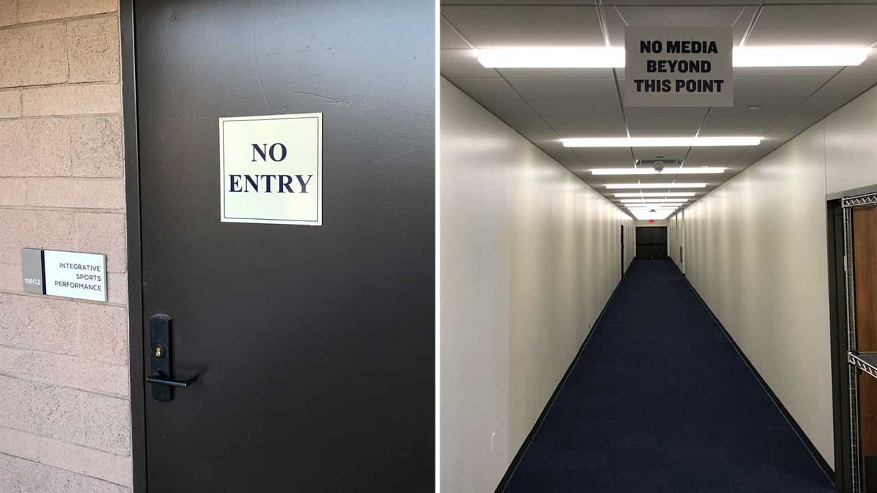 One picture of a long hallway with a sign that says "NO MEDIA BEYOND THIS POINT", and one picture of a door labelled "Integrative Sports Performance." It has a large NO ENTRY sign on it.