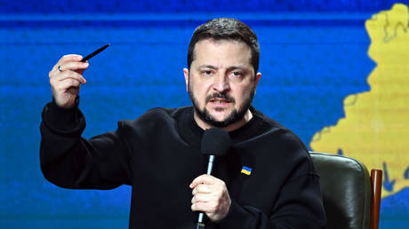 FILE PHOTO: Ukrainian President Vladimir Zelensky is speaking during his year-end press conference in Kyiv, Ukraine, on December 19, 2023.