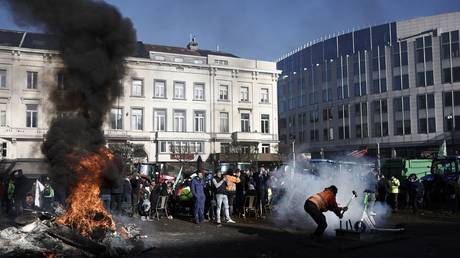 Demonstrators stand by a fire near the European Parliament building in Brussels, Belgium, February 1, 2024