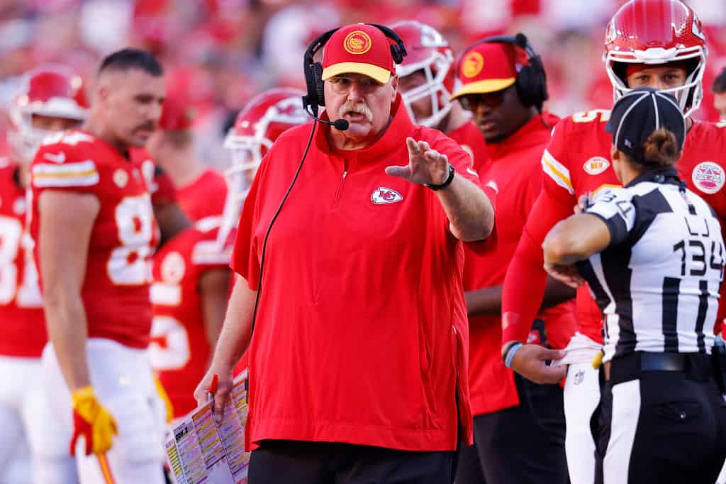 Head coach Andy Reid of the Kansas City Chiefs looks on in the second quarter of a game against the Chicago Bears at GEHA Field at Arrowhead Stadium on September 24, 2023 in Kansas City, Missouri.