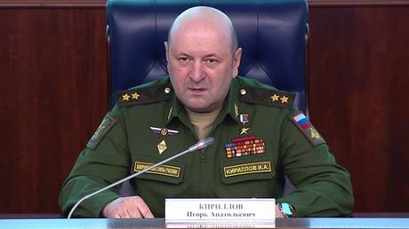 FILE PHOTO: Commander of Russia's Nuclear, Biological and Chemical Protection Troops Lieutenant General Igor Kirillov attends a briefing in Moscow, Russia.