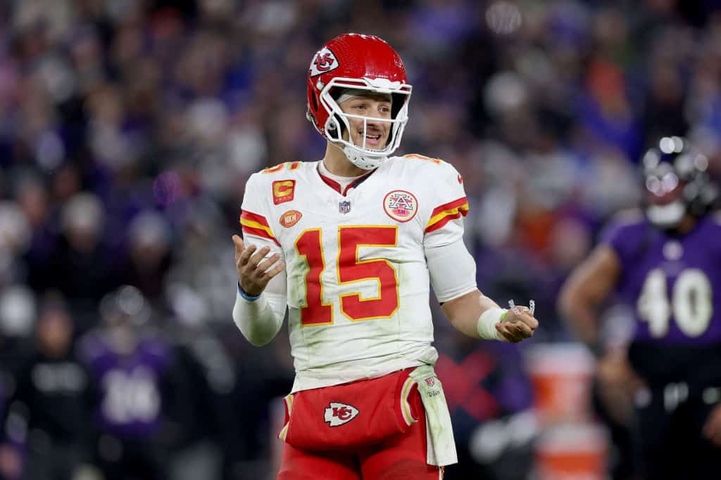 Patrick Mahomes #15 of the Kansas City Chiefs reacts during the fourth quarter against the Baltimore Ravens in the AFC Championship Game at M&T Bank Stadium on January 28, 2024 in Baltimore, Maryland.