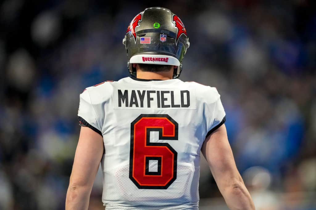 A rear view of Baker Mayfield #6 of the Tampa Bay Buccaneers against the Detroit Lions at Ford Field on January 21, 2024 in Detroit, Michigan. 