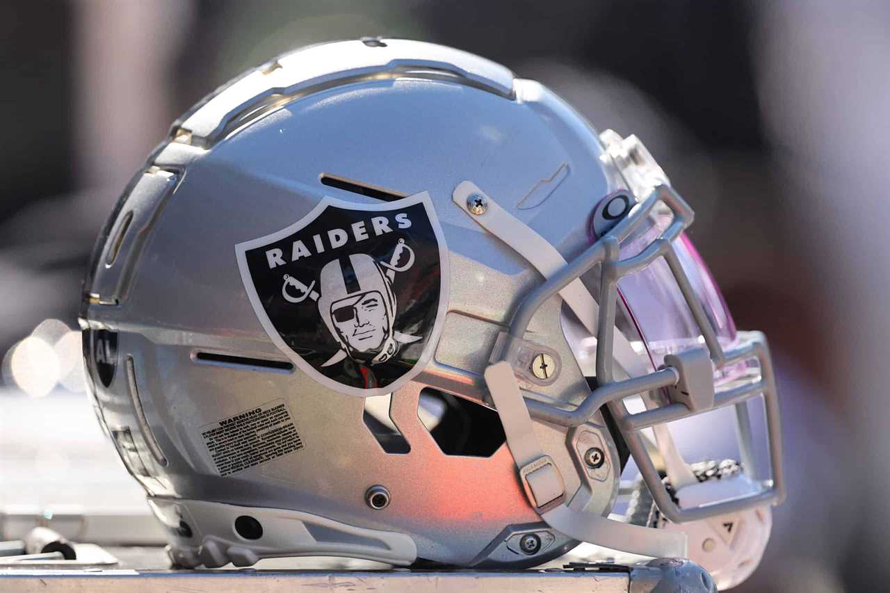 A detail of a Las Vegas Raiders helmet prior to the game against the Chicago Bears at Soldier Field on October 22, 2023 in Chicago, Illinois.