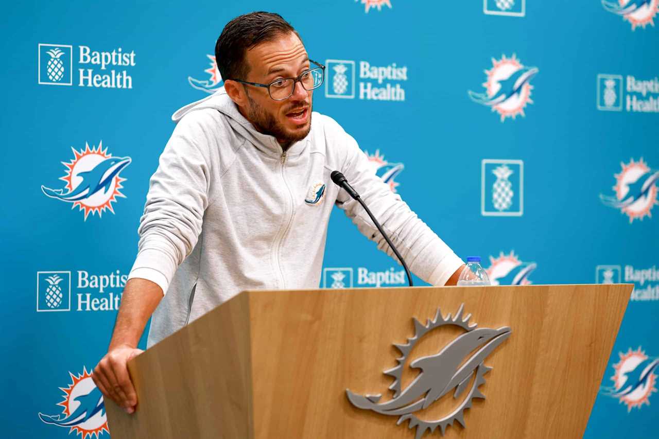 Mike McDaniel of the Miami Dolphins speaks to the media prior to training camp at Baptist Health Training Complex on July 26, 2023 in Miami Gardens, Florida.