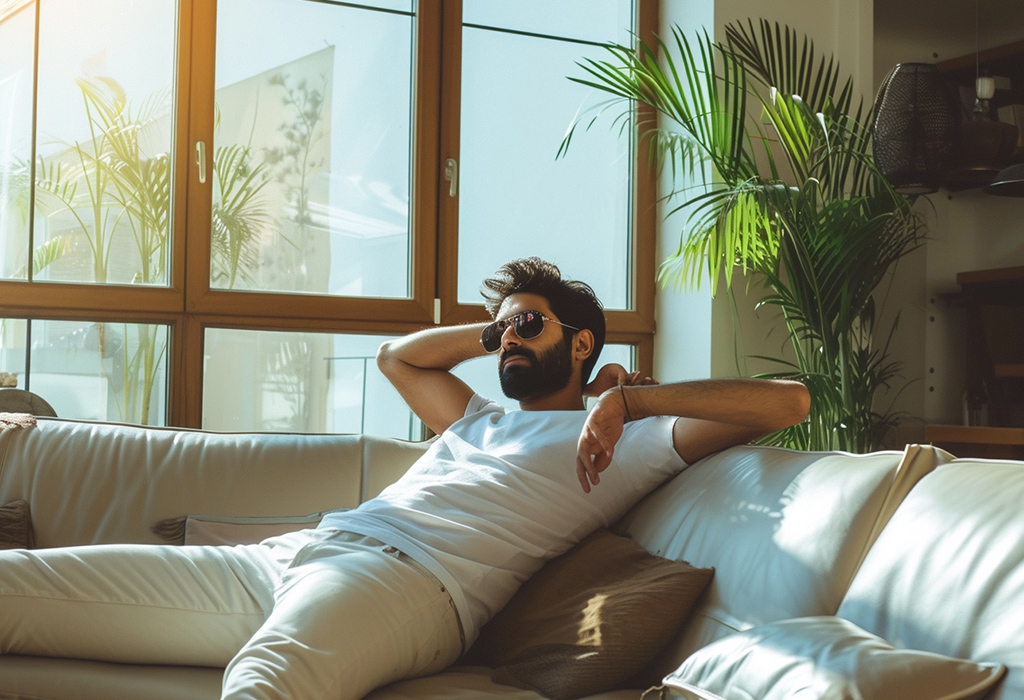 bored man at home laying on couch