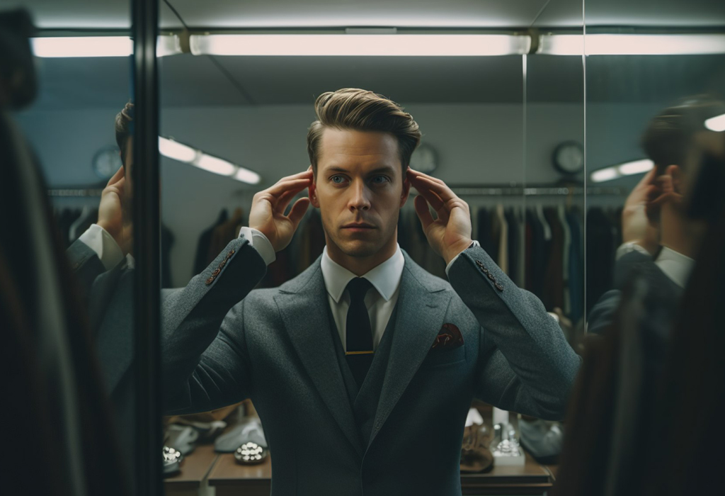 short hair man checking his hairstyle