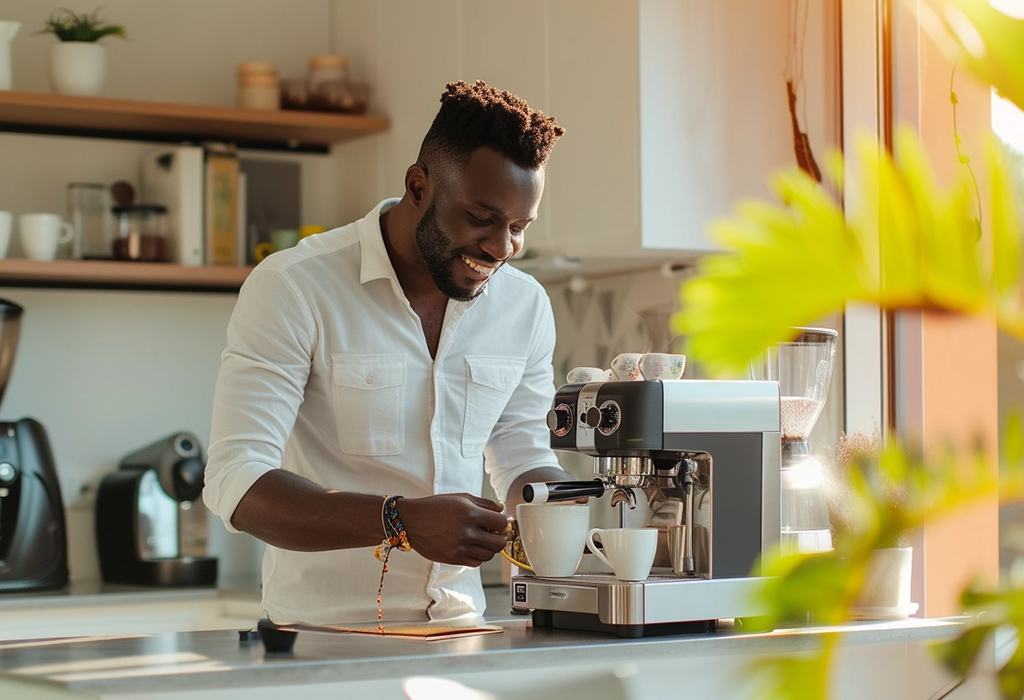 happy man brewing coffee