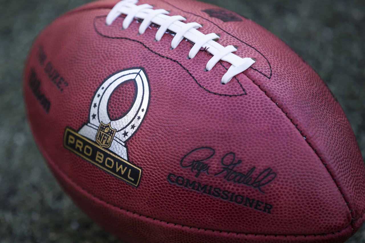 The NFL Pro Bowl logo on a football during the second half of the 2016 NFL Pro Bowl at Aloha Stadium on January 31, 2016 in Honolulu, Hawaii.Team Irvin defeated Team Rice 49-27.