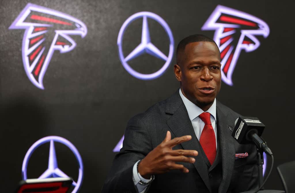 Raheem Morris speaks to the media after being introduced as the head coach of the Atlanta Falcons at Mercedes-Benz Stadium on February 05, 2024 in Atlanta, Georgia.