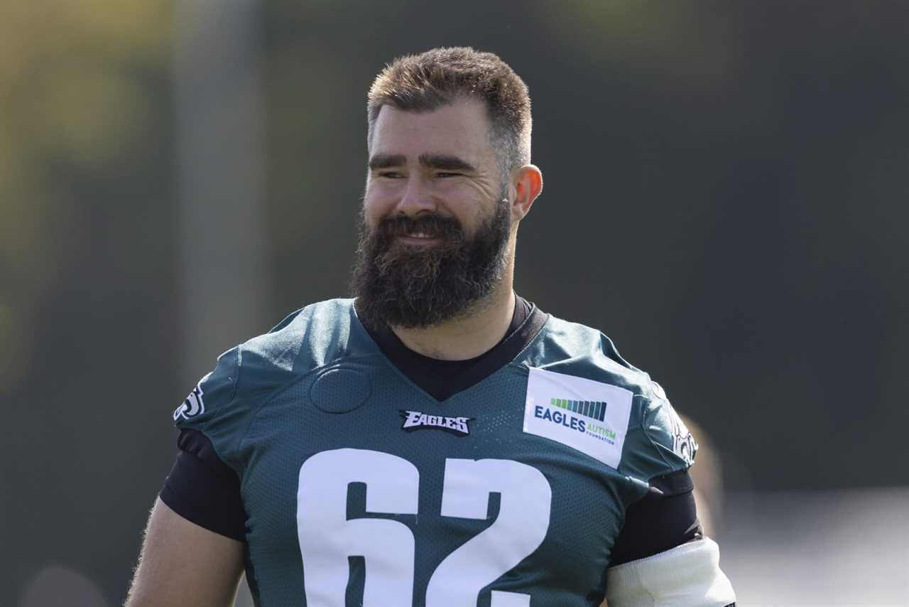 Jason Kelce #62 of the Philadelphia Eagles looks on during training camp at the NovaCare Complex on July 28, 2021 in Philadelphia, Pennsylvania.