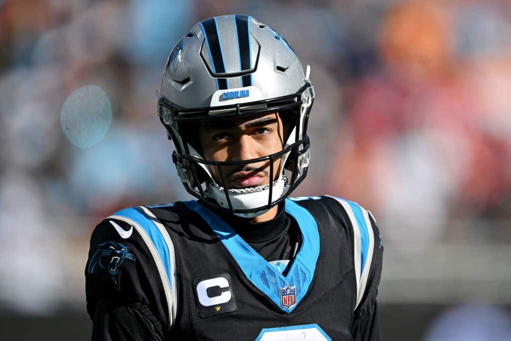 Bryce Young #9 of the Carolina Panthers looks on during the second quarter against the Tampa Bay Buccaneers at Bank of America Stadium on January 07, 2024 in Charlotte, North Carolina.