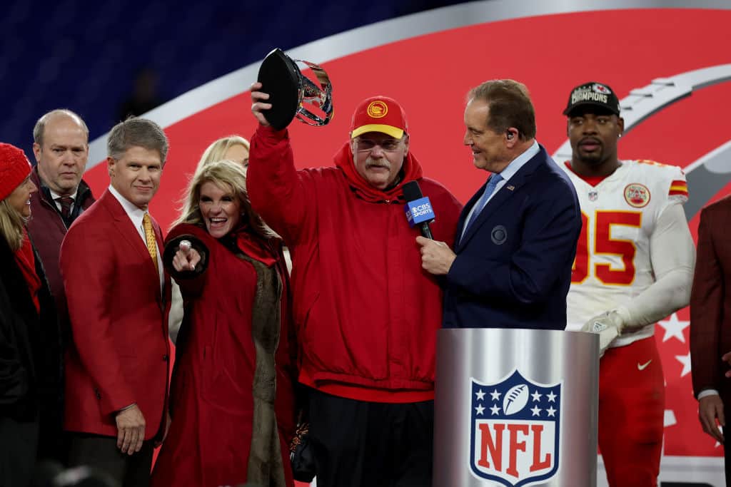 Head coach Andy Reid of the Kansas City Chiefs celebrates with the Lamar Hunt Trophy after a 17-10 victory against the Baltimore Ravens in the AFC Championship Game at M&T Bank Stadium on January 28, 2024 in Baltimore, Maryland. 