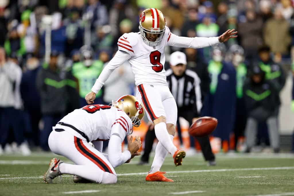 Robbie Gould #9 of the San Francisco 49ers misses a field goal during the fourth quarter against the Seattle Seahawks at Lumen Field on December 15, 2022 in Seattle, Washington.