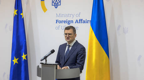 Ukrainian Foreign Minister Dmitry Kuleba addresses media during a joint press conference with EU's Foreign Policy Chief in Kiev, on February 7, 2024.