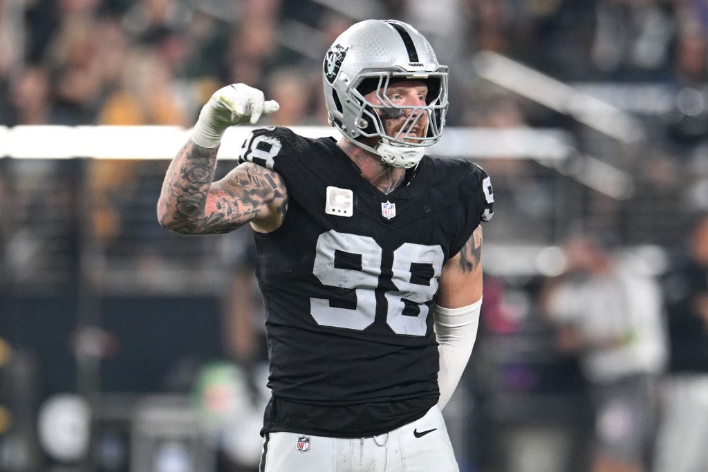 Maxx Crosby #98 of the Las Vegas Raiders reacts during the fourth quarter against the Green Bay Packers at Allegiant Stadium on October 09, 2023 in Las Vegas, Nevada.