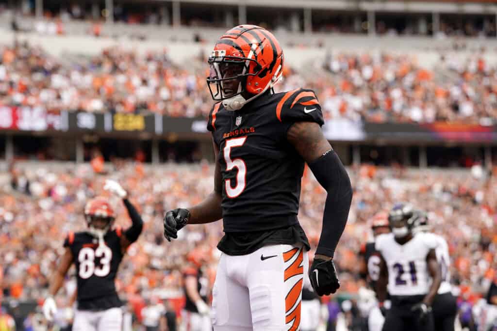 CINCINNATI, OHIO - SEPTEMBER 17: Tee Higgins #5 of the Cincinnati Bengals celebrates a touchdown during the third quarter in the game against the Baltimore Ravens at Paycor Stadium on September 17, 2023 in Cincinnati, Ohio. 