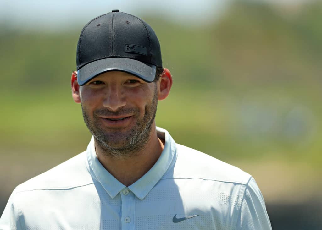 PUNTA CANA, DOMINICAN REPUBLIC - MARCH 28: Former NFL Player and amateur Tony Romo finishes his round on the 18th green during the first round of the Corales Puntacana Resort & Club Championship on March 28, 2019 in Punta Cana, Dominican Republic.