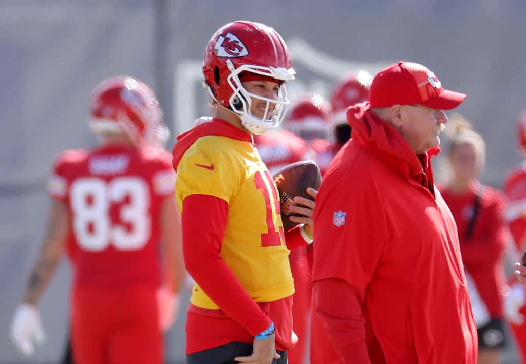 Quarterback Patrick Mahomes #15 and head coach Andy Reid are seen during Kansas City Chiefs practice ahead of Super Bowl LVIII at the Las Vegas Raiders Headquarters/Intermountain Healthcare Performance Center on February 09, 2024 in Henderson, Nevada.