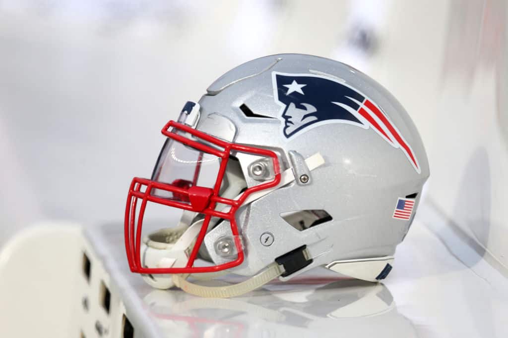 A New England Patriots helmet during the first half of the game between the New England Patriots and the Buffalo Bills at Gillette Stadium on December 24, 2017 in Foxboro, Massachusetts.