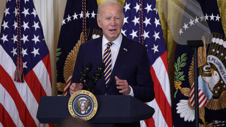 US President Joe Biden speaks during a Black History Month reception at the East Room of the White House on February 6, 2024 in Washington, DC.