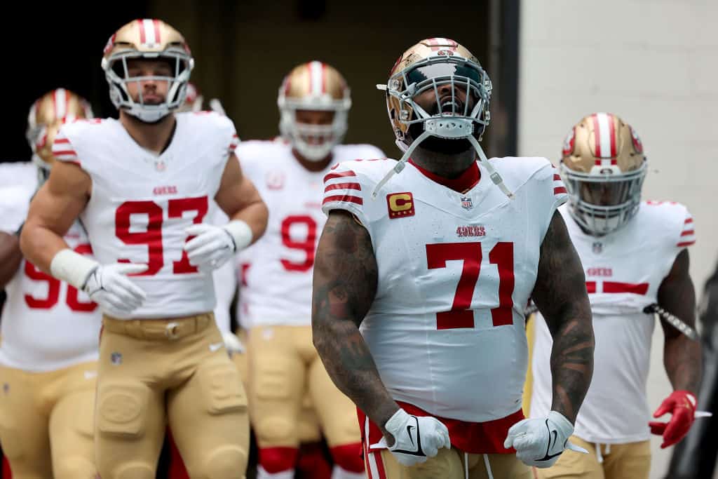 Trent Williams #71 of the San Francisco 49ers reacts as he enters the field before the game against the Jacksonville Jaguars at EverBank Stadium on November 12, 2023 in Jacksonville, Florida.
