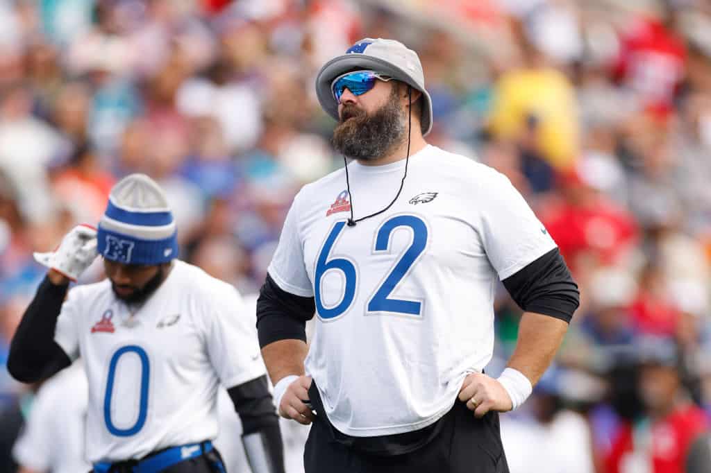 Jason Kelce #62 of the Philadelphia Eagles and NFC looks on during the 2024 NFL Pro Bowl Games at Camping World Stadium on February 04, 2024 in Orlando, Florida.