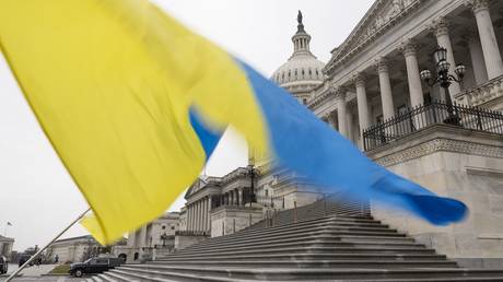 FILE PHOTO: Ukraine sympathizers protest as the US Senate debates a foreign security assistance bill on February 11, 2024.