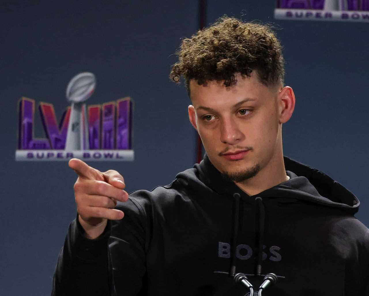 LAS VEGAS, NEVADA - FEBRUARY 12: Quarterback Patrick Mahomes #15 of the Kansas City Chiefs answers questions during a news conference for the winning head coach and MVP of Super Bowl LVIII at the Mandalay Bay Convention Center on February 12, 2024 in Las Vegas, Nevada.