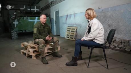 General Aleksandr Syrsky (left) speaks with a ZDF journalist in an interview published February 13, 2024.