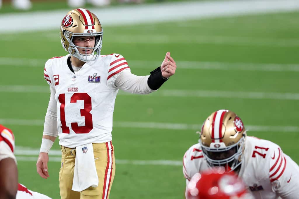 Brock Purdy #13 of the San Francisco 49ers calls a play at the line in the second quarter against the Kansas City Chiefs during Super Bowl LVIII at Allegiant Stadium on February 11, 2024 in Las Vegas, Nevada.