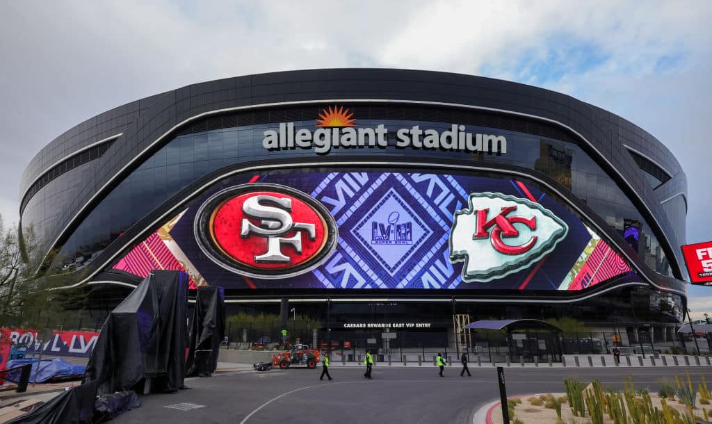 A video board displays logos for Super Bowl LVIII at Allegiant Stadium on February 01, 2024 in Las Vegas, Nevada. The game will be played on February 11, 2024, between the Kansas City Chiefs and the San Francisco 49ers.