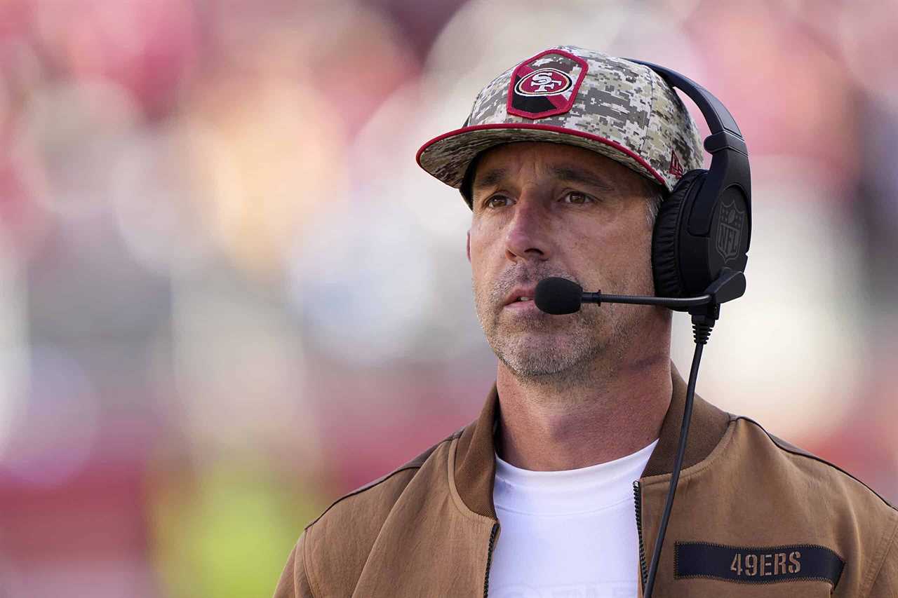 Head coach Kyle Shanahan of the San Francisco 49ers looks on during the first quarter of a game against the Tampa Bay Buccaneers at Levi's Stadium on November 19, 2023 in Santa Clara, California.