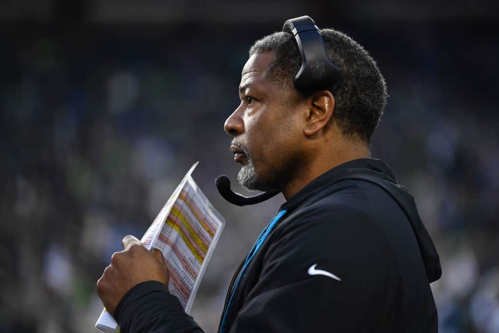 Head coach Steve Wilks of the Carolina Panthers looks on from the sideline during the fourth quarter of the game against the Seattle Seahawks at Lumen Field on December 11, 2022 in Seattle, Washington.