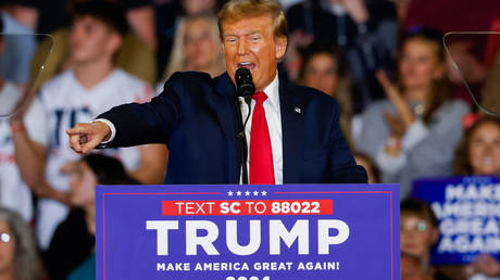 Former US President and 2024 presidential hopeful Donald Trump speaks at a "Get Out the Vote" Rally in Conway, South Carolina, on February 10, 2024.