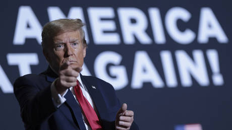 Republican presidential candidate, former U.S. President Donald Trump gestures to supporters after speaking at a Get Out The Vote rally at the North Charleston Convention Center on February 14, 2024 in North Charleston, South Carolina