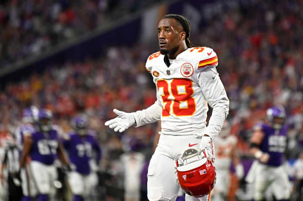L'Jarius Sneed #38 of the Kansas City Chiefs reacts during the fourth quarter against the Minnesota Vikings at U.S. Bank Stadium on October 08, 2023 in Minneapolis, Minnesota. 