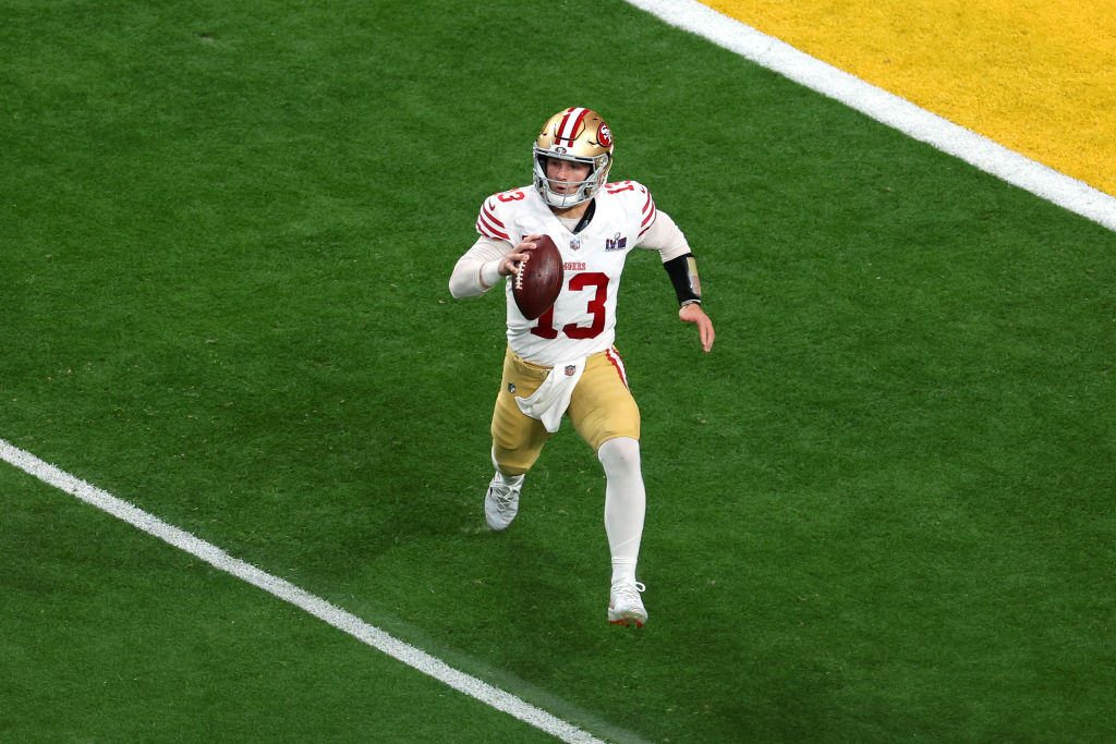 Brock Purdy #13 of the San Francisco 49ers scrambles with the ball in the second quarter against the Kansas City Chiefs during Super Bowl LVIII at Allegiant Stadium on February 11, 2024 in Las Vegas, Nevada.