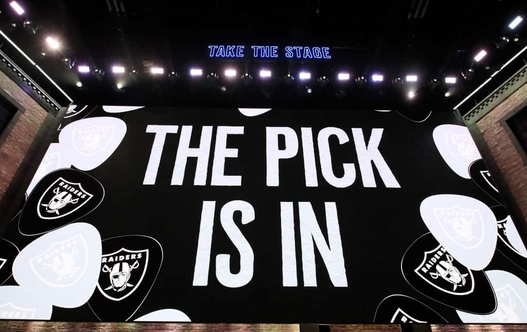 A general view of a video board as the Oakland Raiders pick is announced during the first round of the 2019 NFL Draft on April 25, 2019 in Nashville, Tennessee.