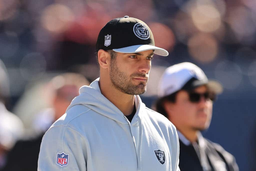 Jimmy Garoppolo #10 of the Las Vegas Raiders looks on against the Chicago Bears at Soldier Field on October 22, 2023 in Chicago, Illinois.