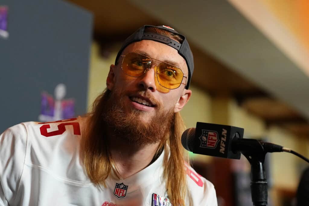 HENDERSON, NEVADA - FEBRUARY 08: George Kittle #85 speaks to media during San Francisco 49ers media availability ahead of Super Bowl LVIII at Hilton Lake Las Vegas Resort and Spa on February 08, 2024 in Henderson, Nevada. 